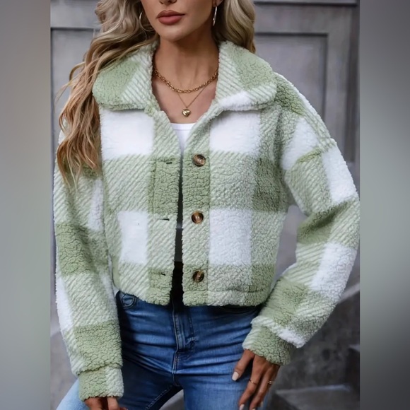 New Teddy Plaid Mint Green White Coat Button Front Long Sleeve Outerwear NWT - Picture 7 of 13
